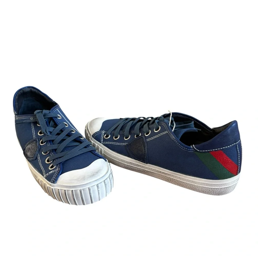 Philippe Model Navy Sneakers with Green and Red Stripes - Picture 2 of 8